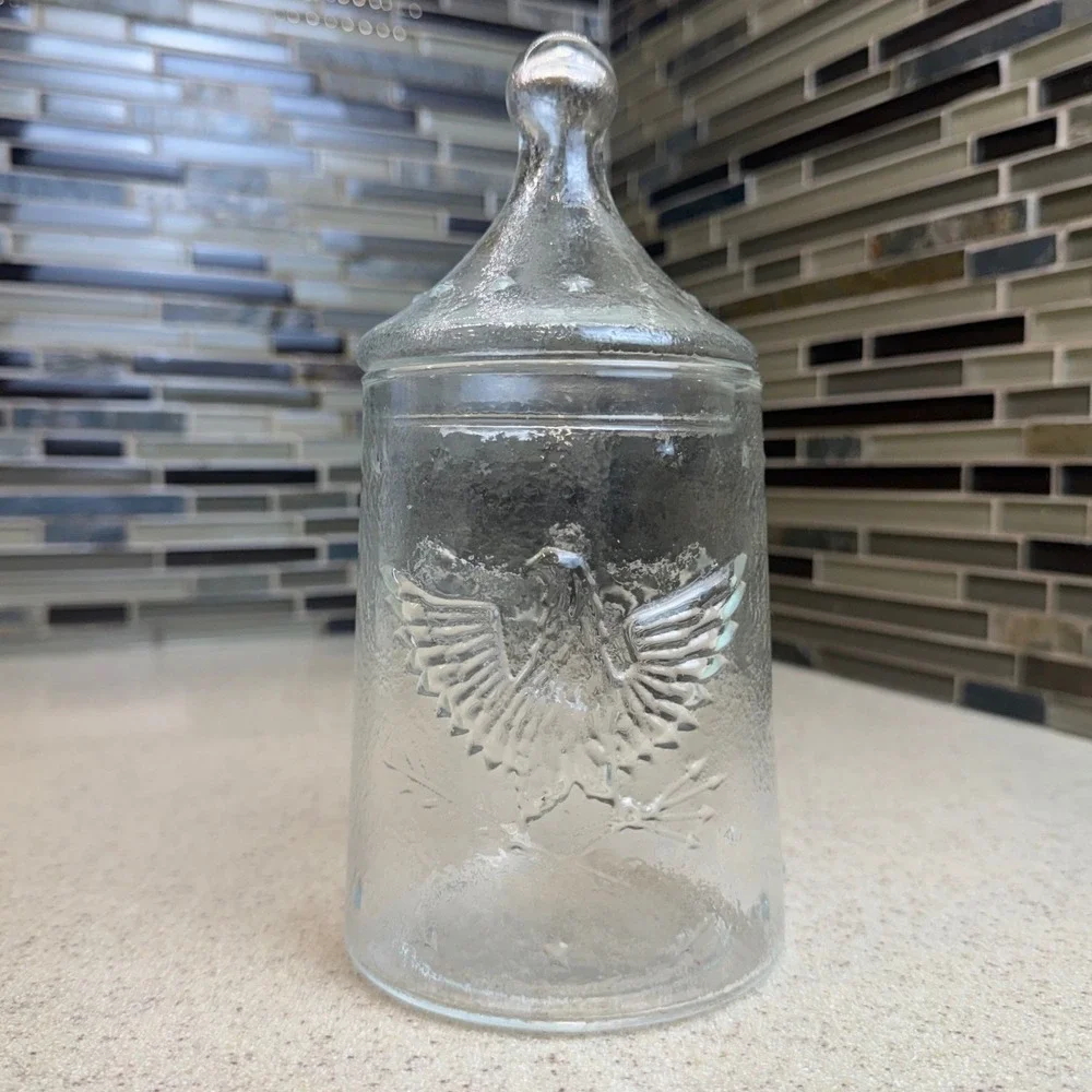 Vintage Clear Glass Apothecary Jar Embossed Eagle Star Lid Textured Patriotic